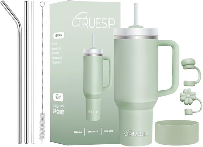 Ultimate 40oz All in One Tumbler - Leak Proof Stainless Steel Tumbler - Includes Silicone Boot, 3 Straws, 2 Straw Caps, & Cleaning Brush (Matcha Cream) - Bloomnest