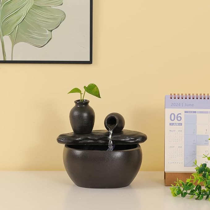 Ceramic Tabletop Fountain for Indoor and Home Decoration Table Desk Office Patio (Ceramic Pot Fountain) (Black) - Bloomnest