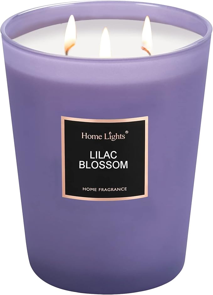 HomeLights Highly Scented Soy Candles Big 33.3 oz for Home. 3 Cotton Wicks, Smokeless Long Lasting 130 hrs in Lilac Blossom. 5x6, Great Gift for Women & Men - Bloomnest