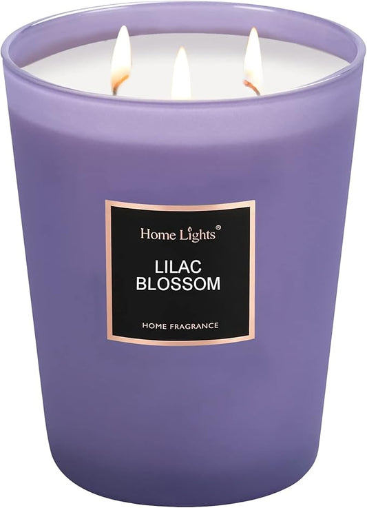 HomeLights Highly Scented Soy Candles Big 33.3 oz for Home. 3 Cotton Wicks, Smokeless Long Lasting 130 hrs in Lilac Blossom. 5x6, Great Gift for Women & Men - Bloomnest