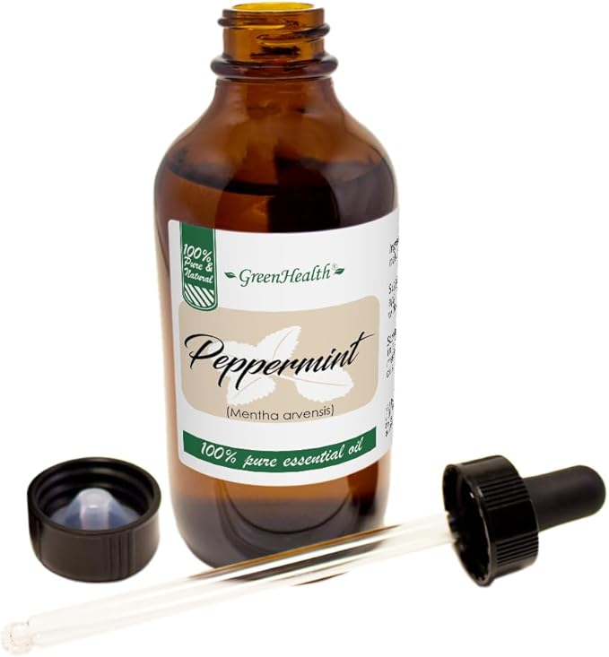GreenHealth Peppermint Essential Oil 4 fl oz - 100% Pure Essential Oil - Amber Glass Bottle w/Glass Dropper - Fresh Mint Aroma for Diffusers, Candles, Soap Making, DIY Use Greenals