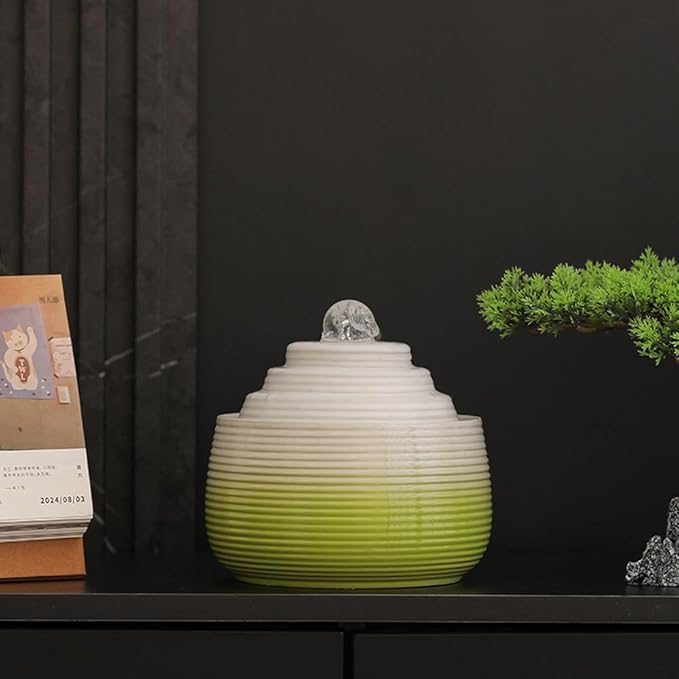 Indoor and Outdoor Fountain Water Feature Fall Ceramic Home Office Decoration mini Tabletop Desktop (Green with Ball S091) - Bloomnest