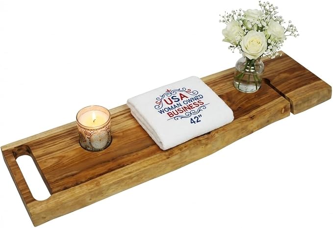 EcoDecors Eleganto 42" Live Edge Solid Teak Bath Caddy Tray with Handle, Book & Tablet Holder, Wine Glass Holders, Luxury Bathtub Tray - Bloomnest