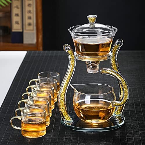 RORA Glass Teapot Set Semi Automatic Drip Rotating with Infuser Lazy Kungfu Tea pot Set (Yellow) - Bloomnest