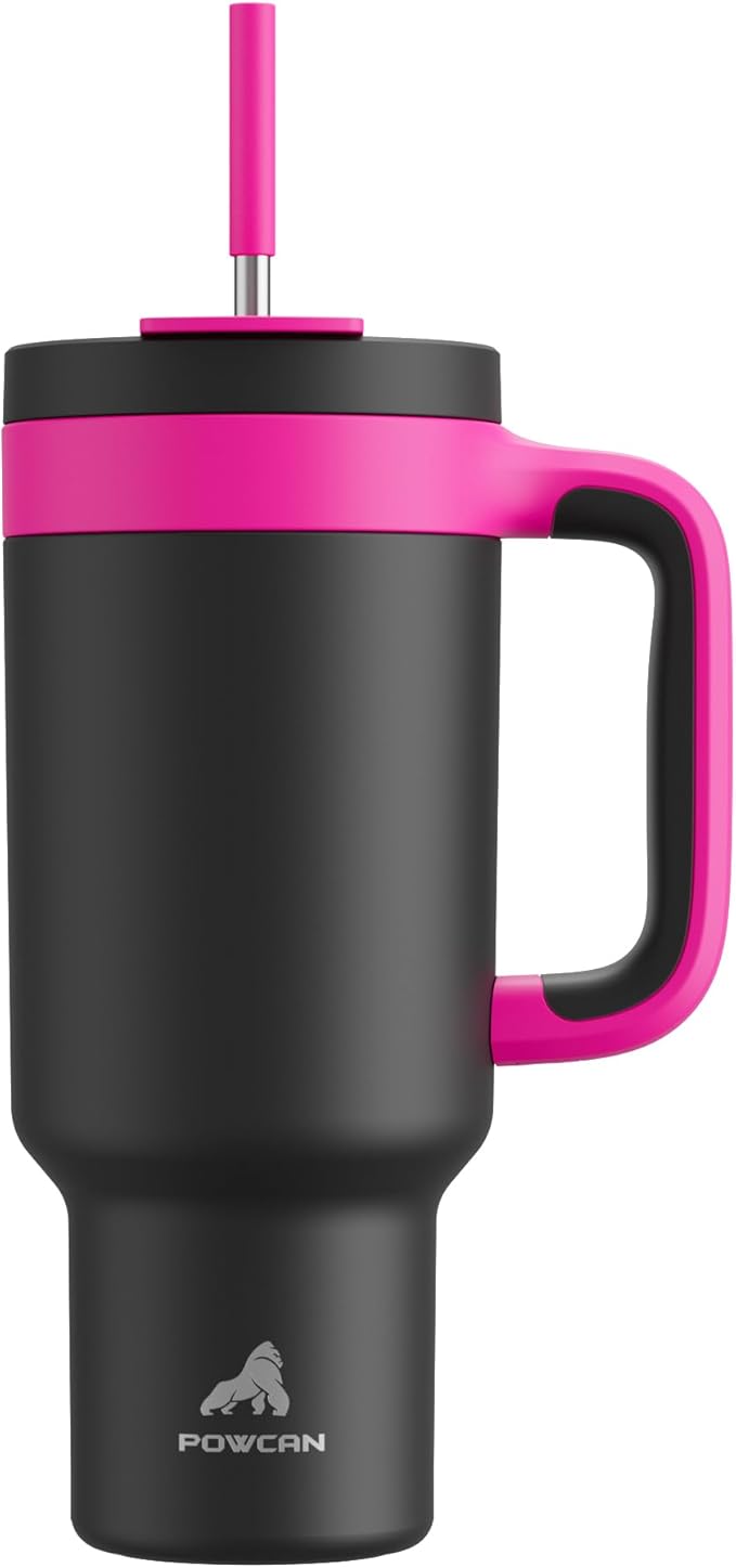 POWCAN 40 oz Tumbler with Handle, 2-in-1 Straw and Sip Lid, Leakproof, Dishwasher Safe, Insulated Stainless Steel Travel Coffee Mug, Keeps Cold for 34 Hours, Fits in Car Cup Holder (Berry) - Bloomnest
