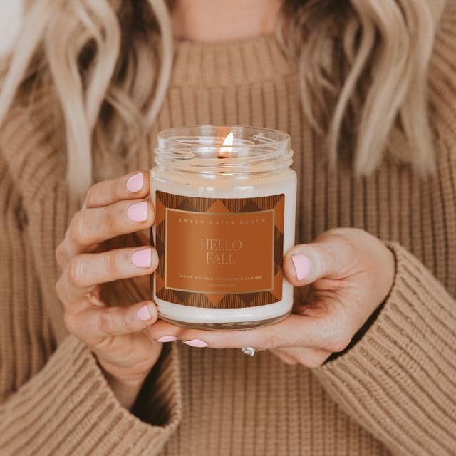 Sweet Water Decor Hello Fall Candle, Autumn Scented Notes of Cider, Cinnamon Cloves, & Nutmeg, 40+ Hour Burn Time, Non-Toxic Soy Wax Blend, Poured in The USA, Cotton Wick, 9oz Glass Jar with Gold Lid - Bloomnest