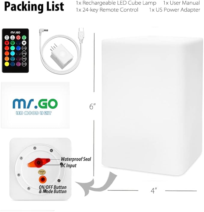 Mr.Go 6-inch Dimmable LED Night Light Mood Lamp for Kids and Adults - 16 RGB Colors - 8 Level Dimming - 4 Lighting Effects - Rechargeable - Remote Control - Decorative - Fun and Safe - White Cube - Bloomnest