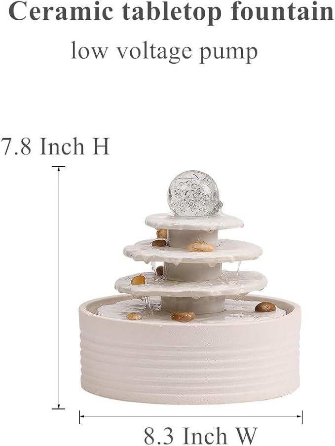 Outdoor and Indoor Ceramic Fountain Waterfall Water Feature Tabletop Home Office Kitchen Decoration (White)