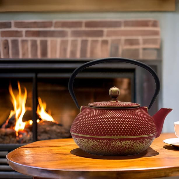 Cast Iron Teapot Tea Kettle with Stainless Steel Infuser for Stovetop Safe Coated with Enameled Interior Japanese Red Tetsubin for Loose Tea(30.4oz/900ml) - Bloomnest