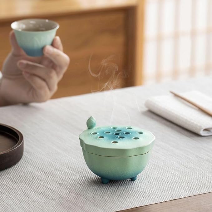 Zen Incense Burner with Lotus Lid Design (Lake Blue), Ceramic Incense Holder for Bakhoor, Stick, Powder, Cone, Coil, and Tower Incense, Home Fragrance Decor - Bloomnest