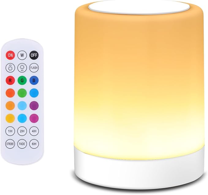 OORUN Touch Bedside Table Lamp,13 RGB Colors & 5 Brightness, USB Rechargeable Desk Lamp, Remote Control Dimmable Light with RGB Color Changing,Portable Lamp for Baby (White) - Bloomnest
