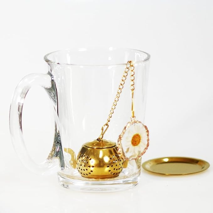 Tea Infuser with Real Daisy Flower in Resin Pendant with Gold Rim Stainless Steel Tea Infuser for loose tea leaf steeper Tea Strainer (Cup not included) (A)