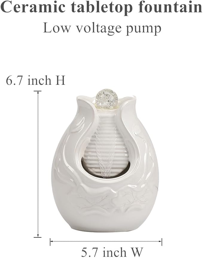 Fountain Tabletop Indoor and Outdoor Home and Garden Decoration Waterfall Water Feature Ceramic mini Fountain (White S084)