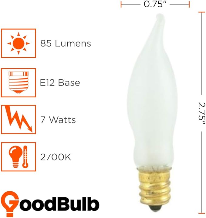 GoodBulb 7 Watt Flame Tip Candelabra Light Bulbs CA6 Frosted Finish E12 Base 2700K Soft White CFF Dimmable 7W 85 Lumens Decorative Chandelier Bulbs Incandescent 12 Pack - Bloomnest