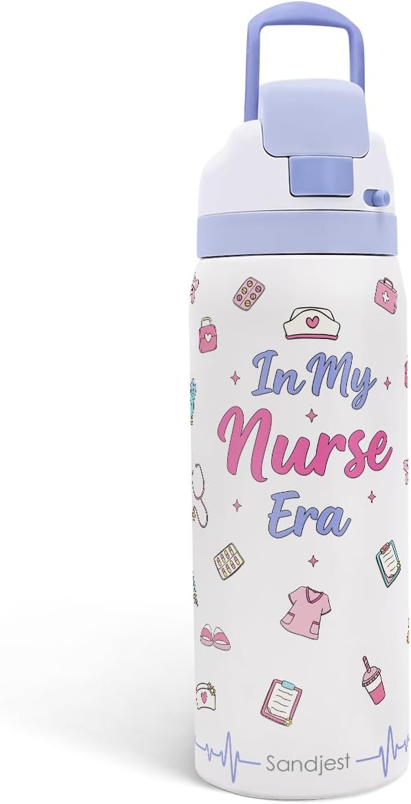 Nurse Stainless Steel Water Bottle, In My Nurse Era, Vacuum Insulated, Push-Button Lid, 32 oz, Gifts for Medical Students Women Girls Friends Teens Birthday Christmas SANDJEST