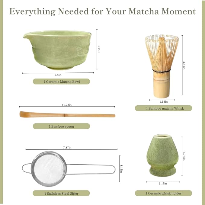 Dreizehn Matcha Whisk Set – 5 Piece Matcha Kit with Bowl, Whisk, Scoop, Sifter & Jar – Japanese Style Tea Set for Making Smooth and Frothy Matcha Green Tea at Home or as a Gift, Mottled Green - Bloomnest