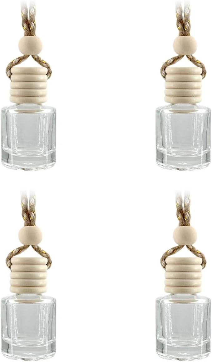 4Pcs Hanging Car Air Freshener, Empty Glass Perfume Bottle Pendant with Wooden Cap, Refillable Drift Freshener Diffuser for Essential Oils - Car Accessories for Women Men-Cylindrical - Bloomnest