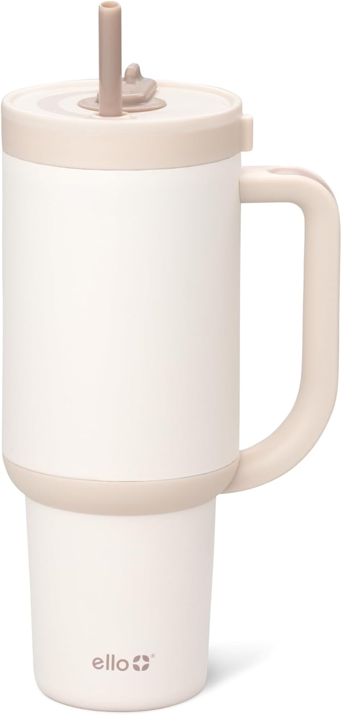 Ello Oasis 30 oz Tumbler with Handle & Retracting Straw | Reusable Insulated Stainless Steel Cup 100% Leakproof, Gifts for Teens Women Men | Keeps cold for 24 Hours, Cup Holder Friendly, Cream Tonal - Bloomnest