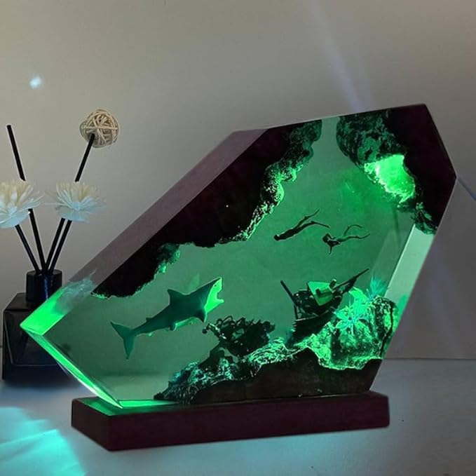 Shark Ocean Resin Lamp, Handmade Wooden Table Resin Night Light, USB Port Art Ornaments for Home Office Decor, Scuba Diver Gifts for Birthday Holiday, Valentine's Day Gifts for Husband - Bloomnest