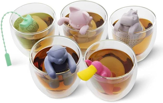 Tea Infuser for Loose Leaf Tea - Par-Tea Pack Silicone Strainer Animals, A Fun and Ideal Gift for Tea Lovers, Friends, and Family, 5-Pack Loose Leaf Steeper Set in Soft Multi-Color Designs