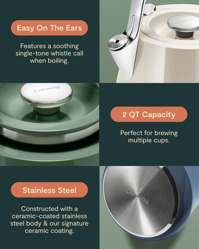 Caraway 2 Quart Whistling Tea Kettle - Durable Stainless Steel Tea Pot - Fast Boiling, Stovetop Agnostic - Non-Toxic, PTFE & PFOA Free - Includes Pot Holder - Cream - Bloomnest