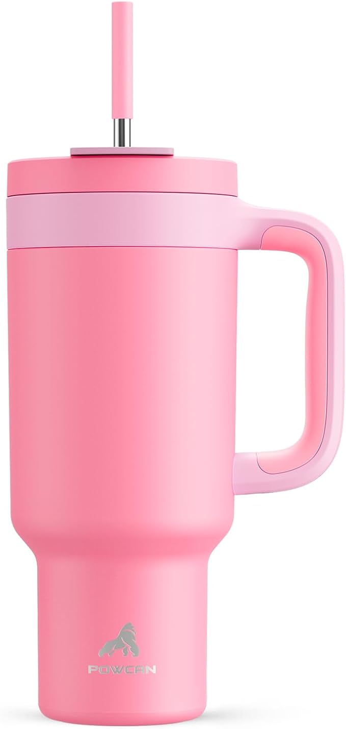 POWCAN 40 oz Tumbler with Handle, 2-in-1 Straw and Sip Lid, Leakproof, Dishwasher Safe, Insulated Stainless Steel Travel Coffee Mug, Keeps Cold for 34 Hours, Fits in Car Cup Holder (Coral) - Bloomnest