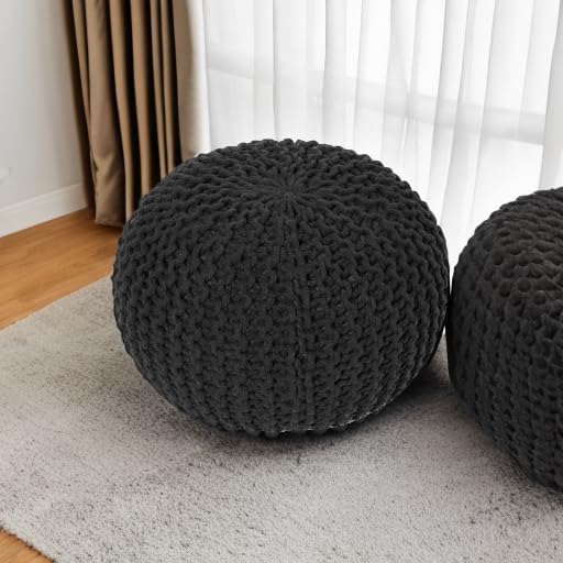 REDEARTH Round Pouf Foot Stool Ottoman - Hand Knitted Bean Bag - Cord Boho Pouffe - Cable Poof Footrest for Living Room - Nursery - Bedroom - Patio - 100% Cotton - Home Decor (19.5"x19.5"x14") - Black - Bloomnest