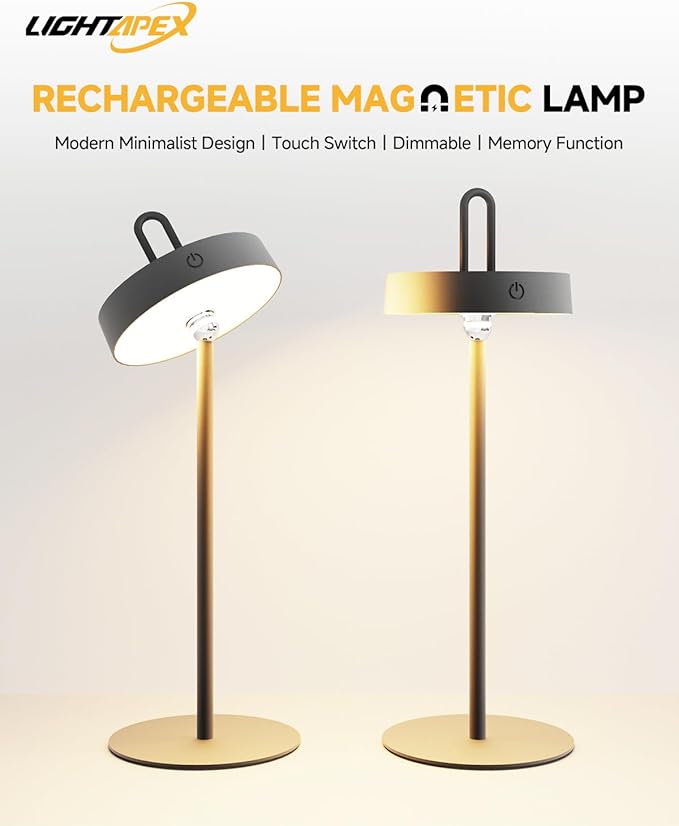 Lightapex Cordless Table Lamps, 2-Pack, Rechargeable Portable Lamps with Stepless Dimming, Touch Control, Detachable Magnetic Design for Bedroom, Living Room, and Reading（Black） - Bloomnest