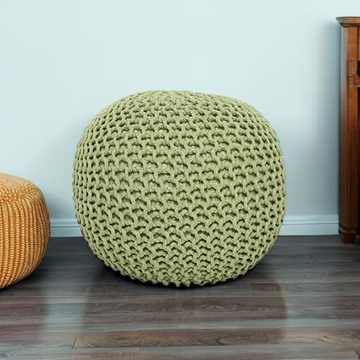 REDEARTH · Round Pouf Foot Stool Ottoman - Cotton Knitted Cord Boho Pouffe - Cable Poof Filled Footrest Stuffed for Living Room - Nursery - Bedroom - Patio - Lounge (19.5"x19.5"x14") - Kiwi - Bloomnest