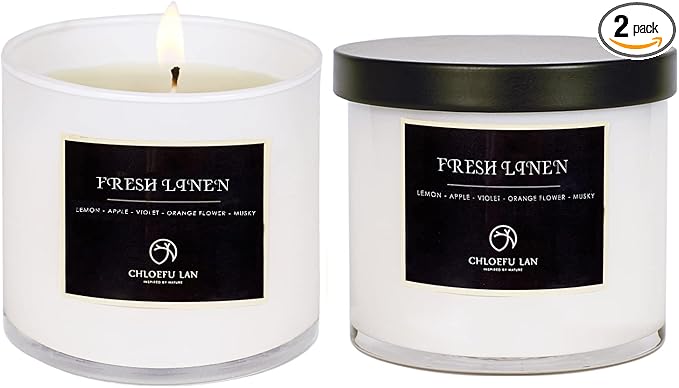 Chloefu LAN Fresh Linen Candles Laundry Candles Non-Toxic Air Freshening Scented Candle Decorative Pet Odor Eliminator for Home Luxury Scented Soy Jar Candle for Bathroom Decor 7.1 oz 2 Pack - Bloomnest
