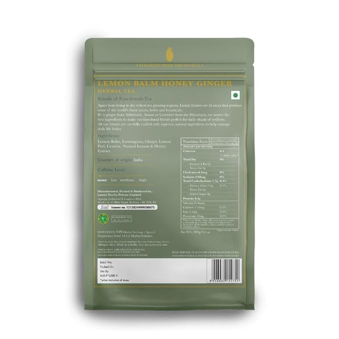 Luxmi Estates Lemon Balm Honey Ginger Loose Leaf Tea, 50 Tea Bags, Organic Herbal Tea, Caffeine Free Tea Bags for Relaxing, Calming, and Stress Relief, With Certified Organic Lemon Balm Tea - Bloomnest