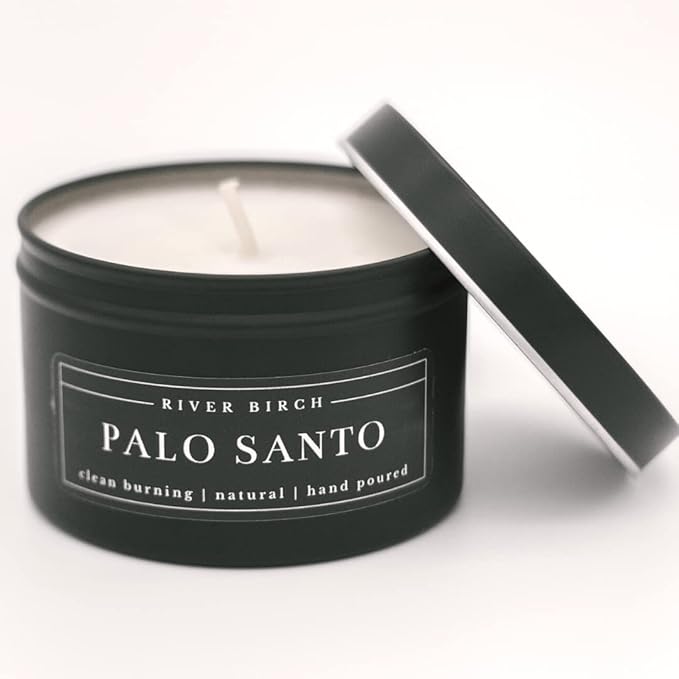 River Birch Premium, All-Natural, Non-Toxic Soy Candle | Palo Santo Scented | 8 oz. Black Matte Tin Travel Candle | Cozy Relaxing Gifts for Home - Bloomnest
