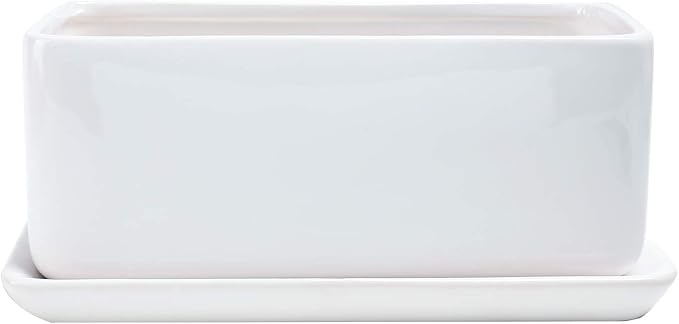 10 inch Rectangular White Ceramic Planter Pot Succulent Cactus Herb Flower Container Window Box Saucer Removable Drip Tray Base Drain Holes Home Office Indoor Outdoor Garden Desktop - Bloomnest