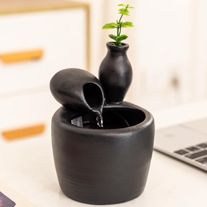 fountain ceramic mini modern design water feature indoor tabletop desktop home decoration office kitchen gift (Black) - Bloomnest