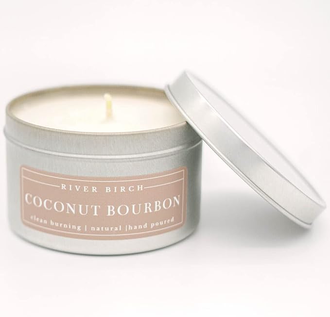 River Birch Premium All-Natural, Non-Toxic Soy Candle | 8 oz. Silver Tin Travel Candle | Cozy Relaxing Coconut Bourbon Scented Gifts for Home - Bloomnest