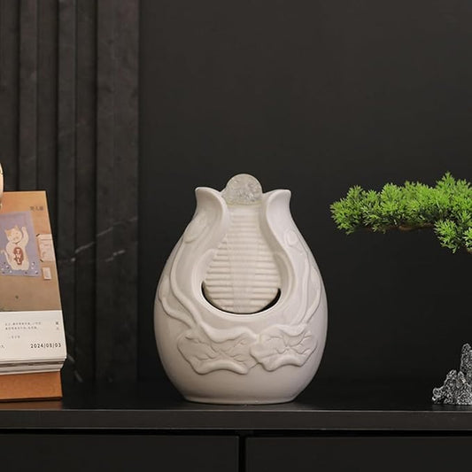 Fountain Tabletop Indoor and Outdoor Home and Garden Decoration Waterfall Water Feature Ceramic mini Fountain (White S084)