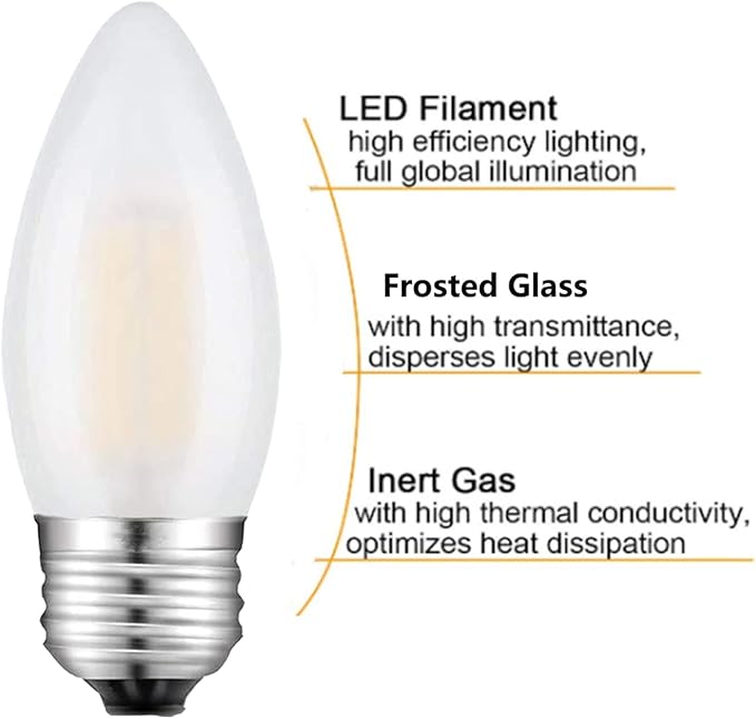 E26 Candelabra Bulb Frosted Medium Base 2700K Warm White Equivalent 25 Watt Light Bulbs, B11 Dimmable LED 2W Chandelier Candle Light for Decorative, 6 Pack - Bloomnest