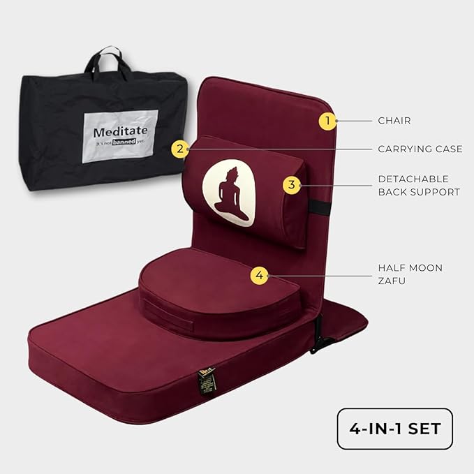Friends of Meditation Relaxing Buddha Meditation Chair | Detachable Rectangular Back Support & Zafu Cushion | Portable Folding Chair | Floor Chair with Back Support | Yoga Chairs for Adults | Maroon - Bloomnest