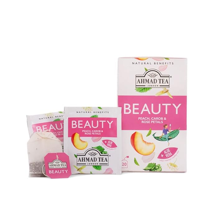 Ahmad Tea Herbal Tea, Peach, Carob, and Rose Petals 'Beauty' Natural Benefits Teabags, 20 ct (Pack of 2) - Decaffeinated & Sugar-Free - Bloomnest