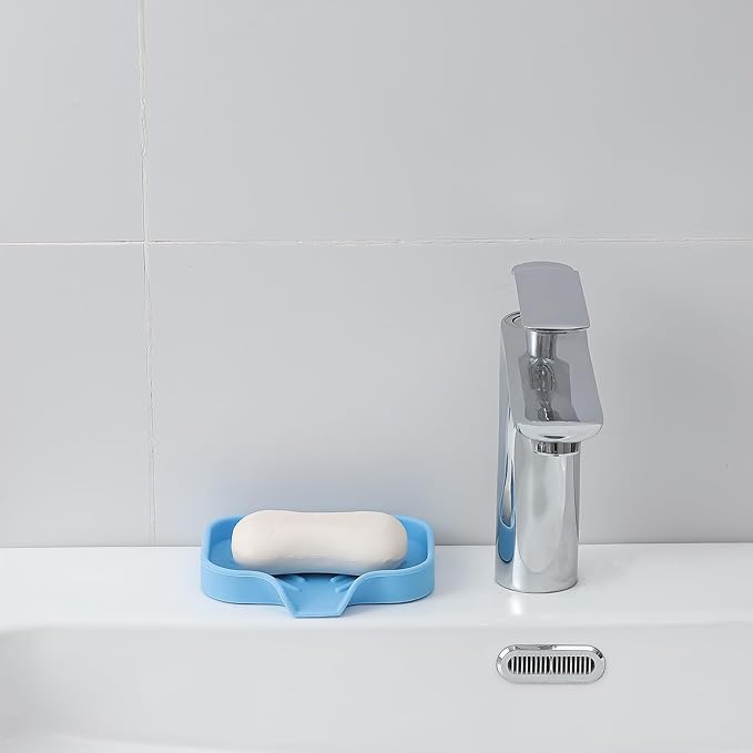 Silicone Bathroom Soap Dishes with Drain Spout-Bathroom and Kitchen Sink Organizer,Sponge Holder,Dish Soap Tray,Perfect for Dispenser,Scrubber,Bottle on Sink or Counter-Light Blue 4.9"×3.2" - Bloomnest