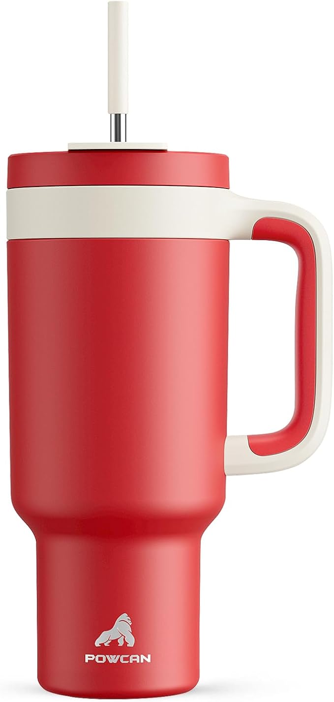 POWCAN 40 oz Tumbler with Handle, 2-in-1 Straw and Sip Lid, Leakproof, Dishwasher Safe, Insulated Stainless Steel Travel Coffee Mug, Keeps Cold for 34 Hours, Fits in Car Cup Holder (Passion) - Bloomnest