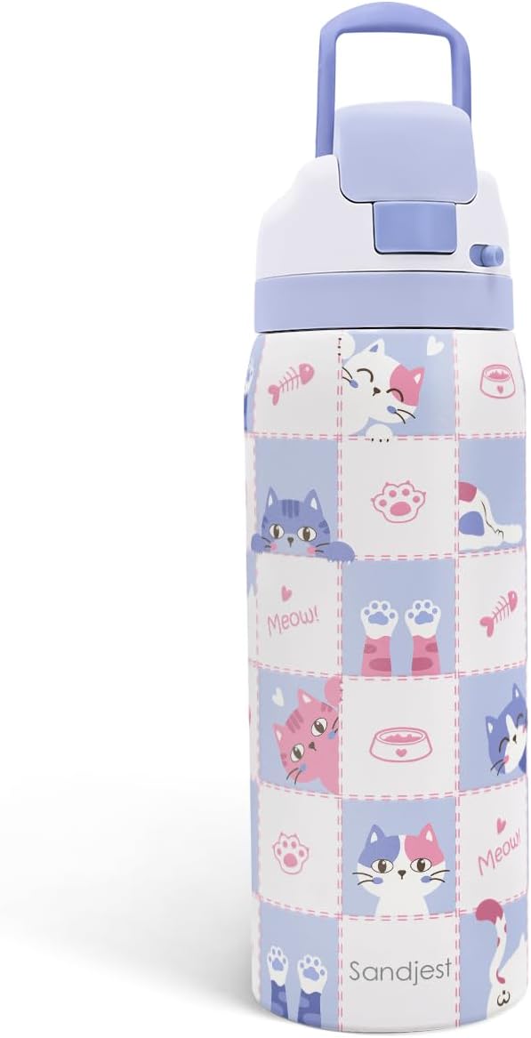 Gift for Cat Lover Stainless Steel Water Bottle, Vacuum Insulated, Push-Button Lid, 32 oz for Cat Mom Women Girls Friends Teens Birthday Christmas SANDJEST