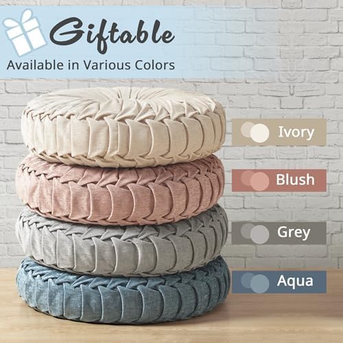 Intelligent Design Loretta Round Chenille Tufted Floor Pillow with Elegant Pleated Design, Large Boho & Vintage Decorative Throw Pillow for Sofa, Bed, or Chair, 22" x 6", Aqua