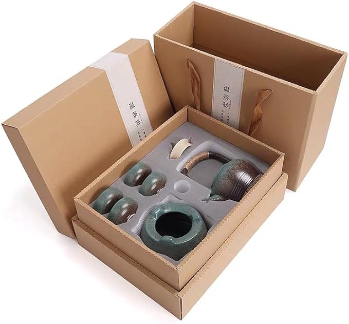 Ceramic travel tea set. 1 pot, 4 cups, 1 tea tray, 1 tea warmer, Chinese Kung Fu tea set, 2 colors (green) - Bloomnest