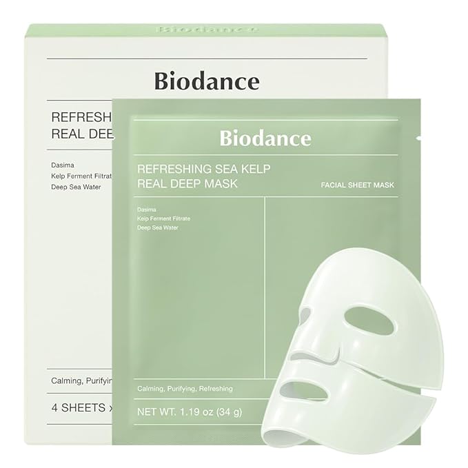 BIODANCE Refreshing Sea kelp Real Deep Mask, Overnight Hydrogel Mask, Calming, Oil & Sebum Control, Blemish Care, Korean Skin Care, Valentines Day Gifts for Her | 1.19oz(34g) x 4ea - Bloomnest