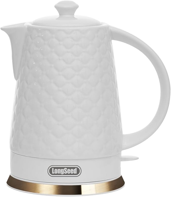 Ceramic Electric Kettle, 1.5L/1200W Boil Water Quickly and Easily with Boil-Dry Protection Auto Shut Off, Detachable Swivel Base, White Relief Carving - Bloomnest