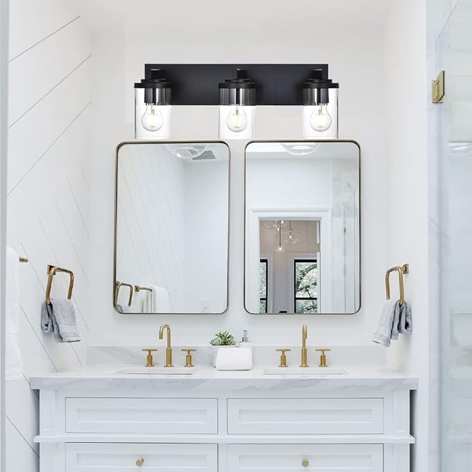 BONLICHT Modern 3-Light Vanity Light Fixture Black Bathroom Wall Light Over Mirror with Clear Glass Shade, Rustic Vintage Wall Sconce Lighting Farmhouse Wall Mounted Lamp for Powder Room Hallway - Bloomnest