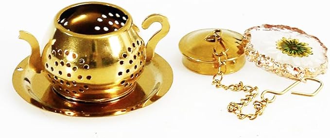 Tea Infuser with Real Daisy Flower in Resin Pendant with Gold Rim Stainless Steel Tea Infuser for loose tea leaf steeper Tea Strainer (Cup not included) (A)