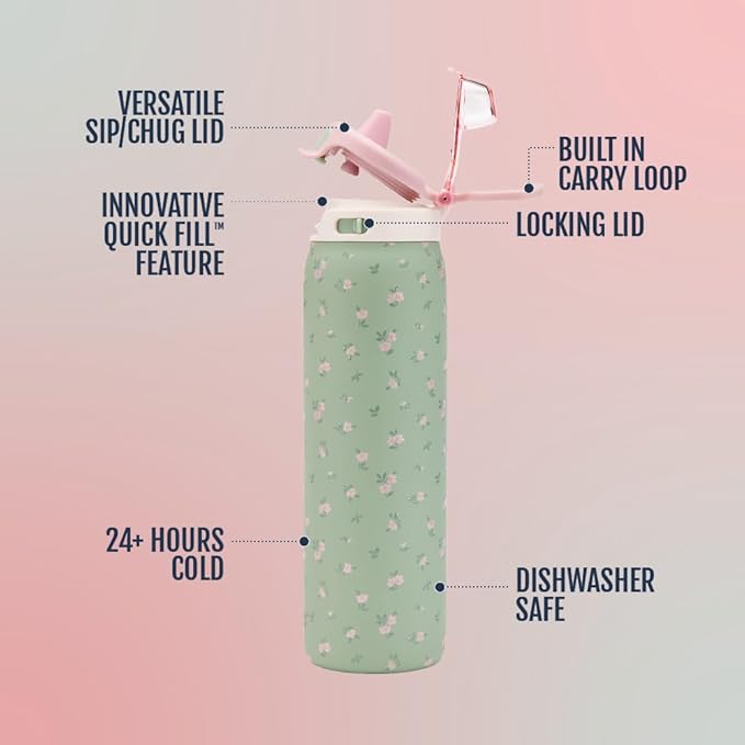 Ello Pop & Fill Insulated Stainless Steel Water Bottle with Quick Fill Lid, Leakproof Locking, Sip or Chug Spout, BPA-Free, Double Wall Vacuum Insulated for Sports, Travel & School- 22oz / 32oz / 40oz Ello