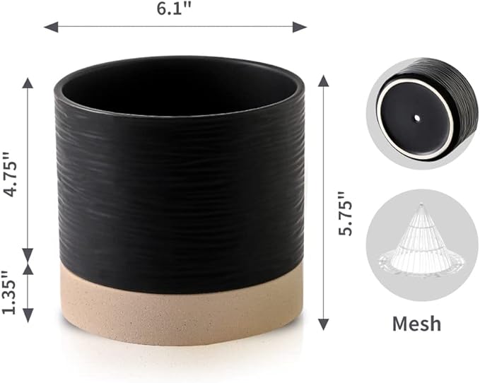 Nihow Ceramic Plant Pot: 6 Inch Planter with Drainage Hole & Saucer for Indoor & Outdoor Plants - Cylinder Round Flower Pot for Succulent/Herbs/Violets - Black & Brown - Bloomnest